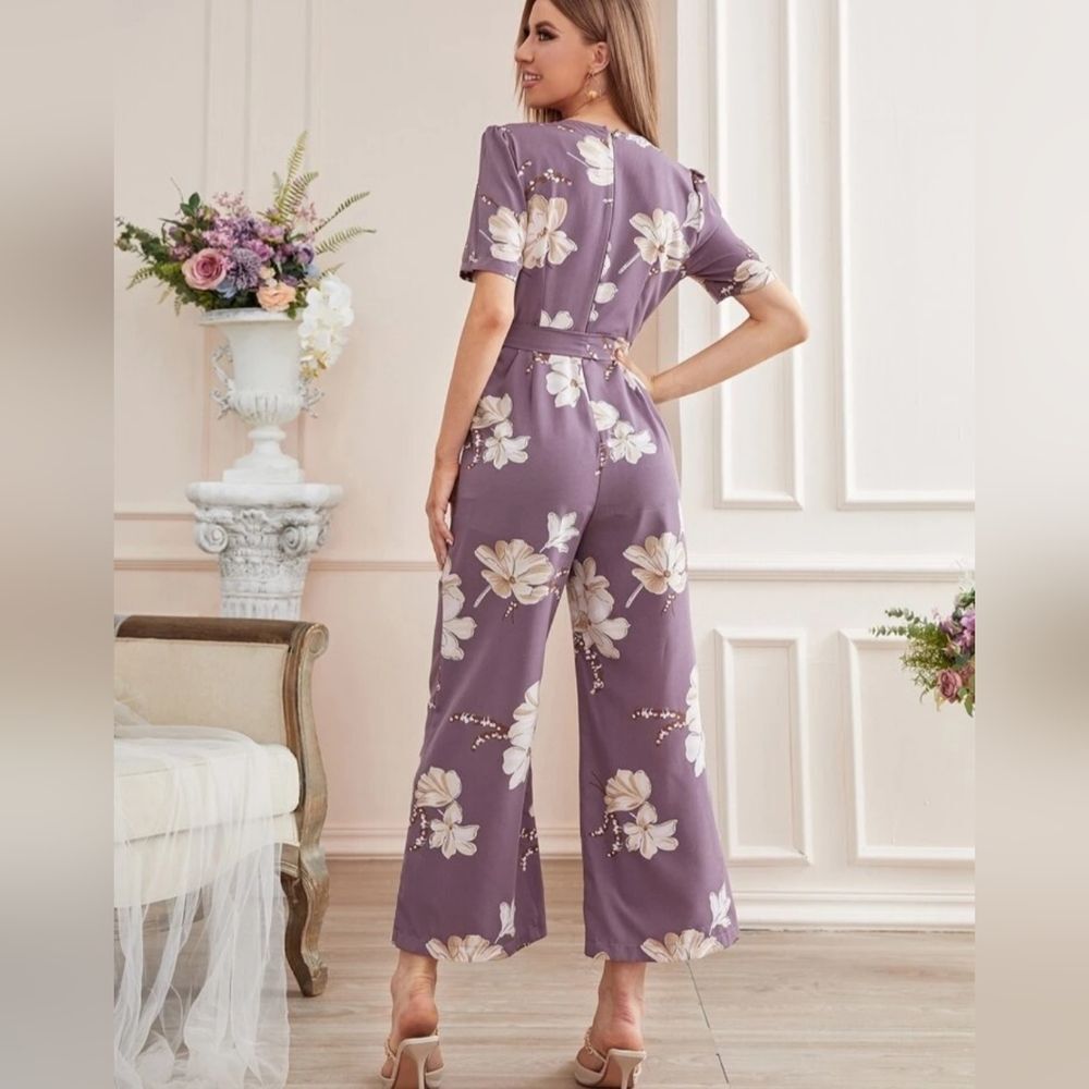 SHEIN Vcay Purple Floral Surplice Top Belted Wide Leg Jumpsuit L - Picture 2 of 16